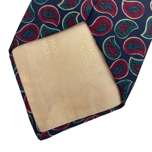 Vintage Tom James Silk Red Green Paisley Print Handmade Tie Mens One Size - Picture 5 of 7